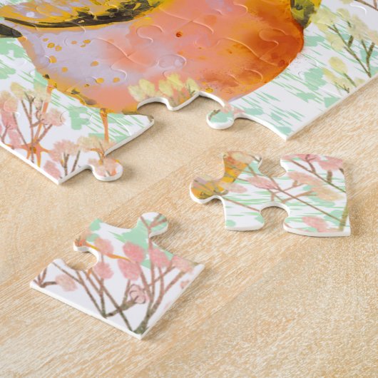 Roze bloemenwitte puzzel met vogels legpuzzel (Zijkant)