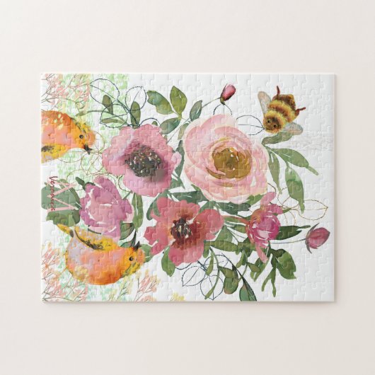 Roze bloemenwitte puzzel met vogels legpuzzel (Horizontaal)