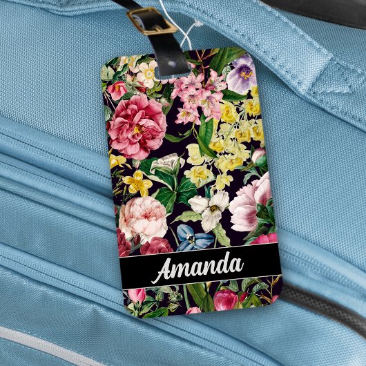  roze bloemenzwart patroonmonogram bagagelabel