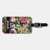  roze bloemenzwart patroonmonogram bagagelabel (Voorkant horizontaal)