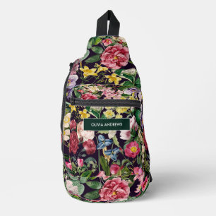 roze bloemenzwart patroonmonogram bedrukt sling bag