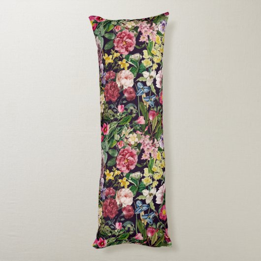 roze bloemenzwart patroonmonogram lichaamskussen (Achterkant (Verticaal))