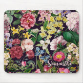 roze bloemenzwart patroonmonogram muismat (Voorkant)