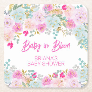 Roze bloemetjes meisje baby shower vierkante kartonnen onderzetter