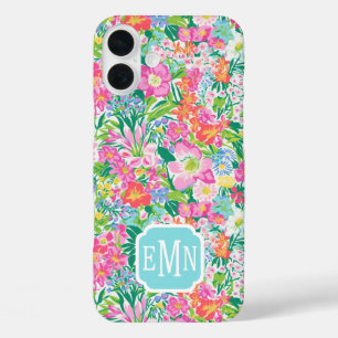 Roze bloemetuin met monogram iPhone 16 plus hoesje