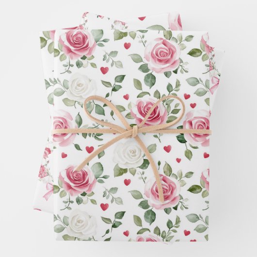 Roze bloemhartjes bruidsfeest inpakpapier vel (In situ)
