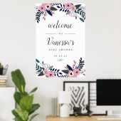 Roze bloemig bruids- of babyshower welkomstbord poster (Thuiskantoor)
