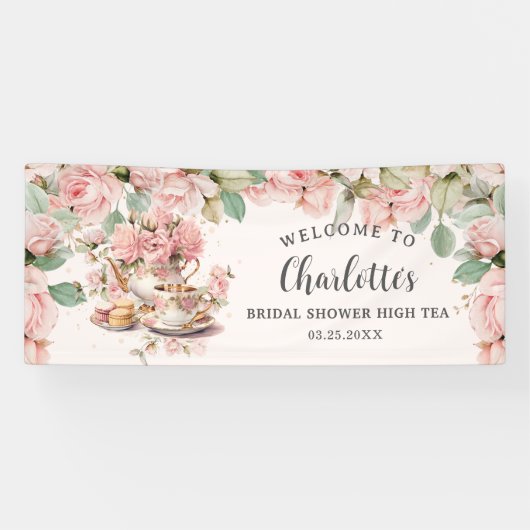  roze bloemig high tea bruids Baby shower Spandoek (Horizontaal)