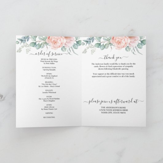 Roze Bloemig Rouw Aandenken Funeral Program Kaart (Binnen)