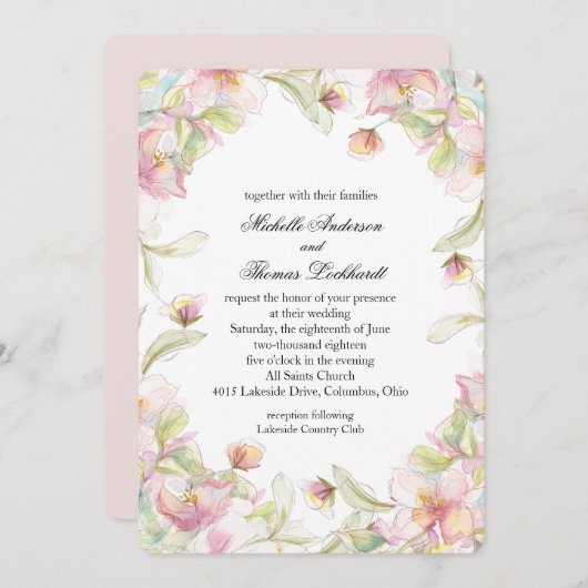 Roze Bloemige Aquarel Lijst Kaart (Voorkant / Achterkant)