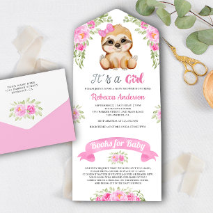 Roze Bloemige Aquarel Mooie Luiaard Baby Shower All In One Uitnodiging