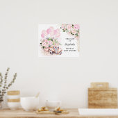 Roze bloemige auto rijdt langs babyshower welkom poster (Keuken)