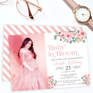 Roze bloemige baby in bloei douche foto uitnodigin kaart