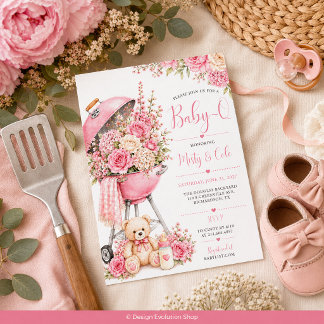 Roze bloemige Baby-Q baby shower BBQ uitnodiging