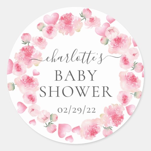 Roze bloemige baby shower favor sticker (Voorkant)