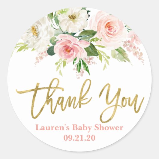 Roze bloemige babyshower meisje ronde sticker (Voorkant)