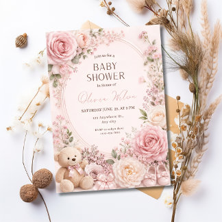 Roze bloemige babyshower uitnodiging voor meisje