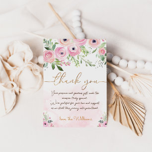 Roze bloemige babyshower voor meisjes bedankkaart
