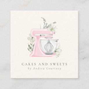 Roze Bloemige Bakkerij Gebak Waterverf Mixer Cake Vierkante Visitekaartje