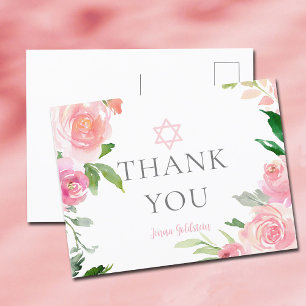 Roze bloemige Bat Mitzvah-feest dank je wel Joods Briefkaart