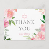 Roze bloemige Bat Mitzvah-feest dankjewel voor Joo Briefkaart (Voorkant)