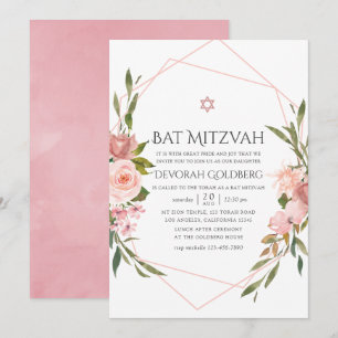 Roze bloemige Bat Mitzvah uitnodiging