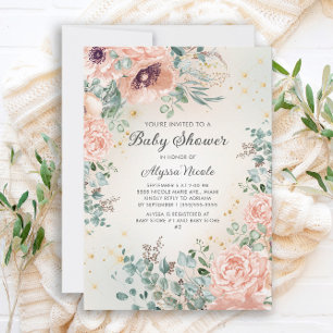 Roze bloemige bladgoud glinster baby shower kaart