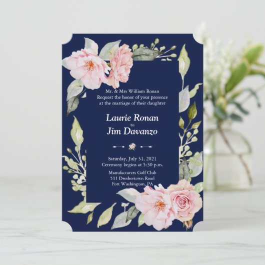 Roze bloemige bloei Navyblauw Trouw Formal Kaart (Staand voorkant)