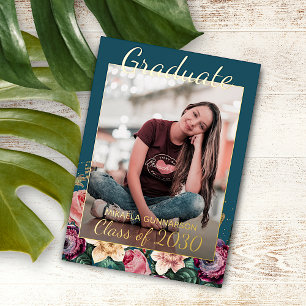 Roze Bloemige Boho Goud Folie Afstudeeruitnodiging Uitnodiging