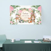 Roze bloemige bosdieren meisje baby shower spandoek (Beurs)