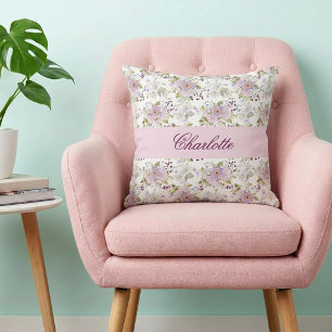 Roze Bloemige Botanische Wilde Bloem Monogram Naam Kussen