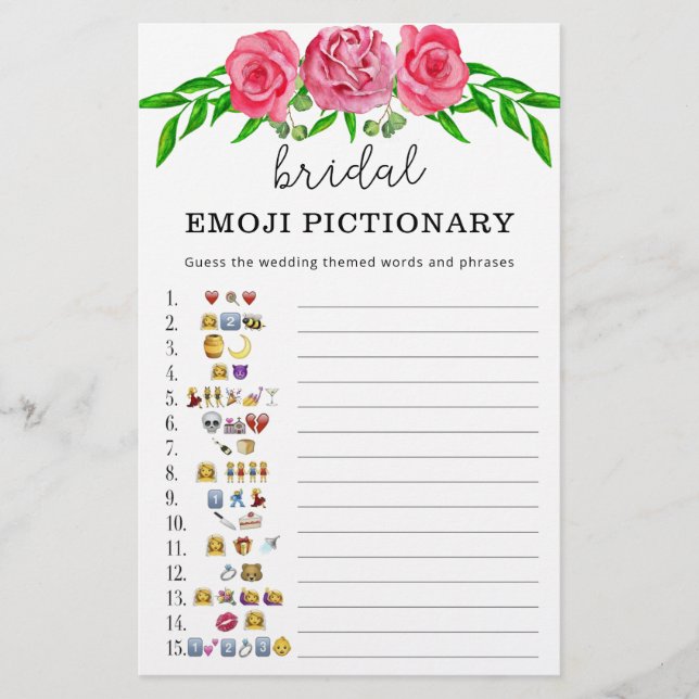 Roze bloemige bruidsbruiloft emoji pictionary spel (Voorkant)