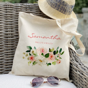 Roze bloemige bruidsmeisje gepersonaliseerd tote bag