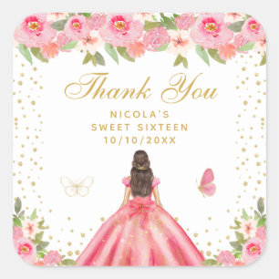 Roze Bloemige Bruinharige Prinses Sweet Sixteen Vierkante Sticker