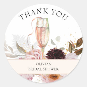 Roze Bloemige Champagne Bruiloft Feest Ronde Vorm Sticker