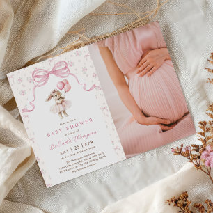 Roze bloemige Coquette strik konijn babyshower fot Kaart