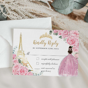 Roze Bloemige Eiffeltoren Parijs Quinceanera Mis 1 RSVP Kaartje