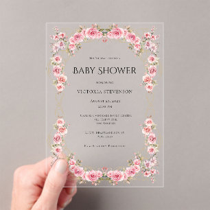 Roze Bloemige Elegante Rozen Baby Shower Acryl Uitnodigingen