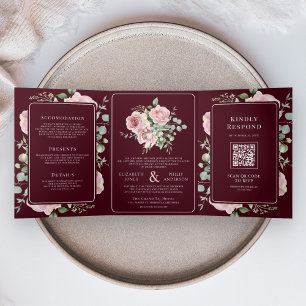 Roze Bloemige Eucalyptus Burgundy Bruiloft Drieluik Uitnodiging