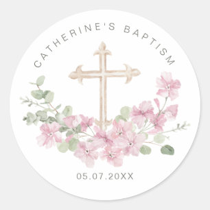 Roze bloemige Eucalyptus Kruis Doop Ronde Sticker