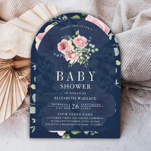 Roze Bloemige Eucalyptus Navy Blauwe Baby Shower Kaart