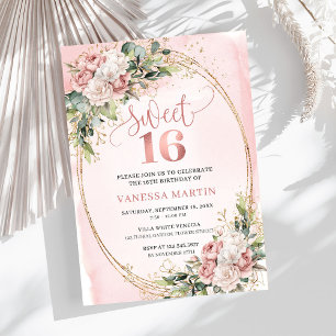 Roze Bloemige Eucalyptus Sweet 16 Verjaardag  Kaart