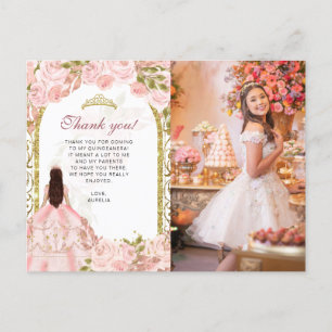 Roze bloemige foto Quinceañera bedankt Briefkaart