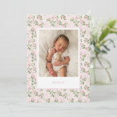 Roze bloemige geboortekaart voor babymeisje aankondiging (Staand voorkant)
