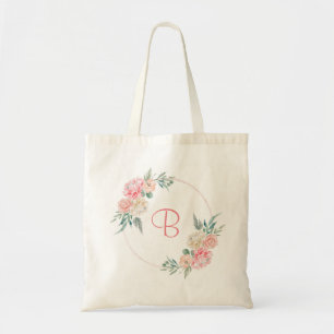 Roze bloemige gepersonaliseerde monogram cadeau tote bag