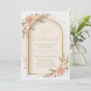 Roze Bloemige Gouden Boog Eid Mubarak Uitnodiging