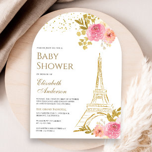 Roze bloemige gouden Eiffeltorenboog baby shower Kaart