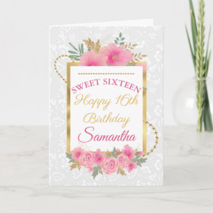 Roze Bloemige Gouden Elegante Sweet Sixteen Kaart