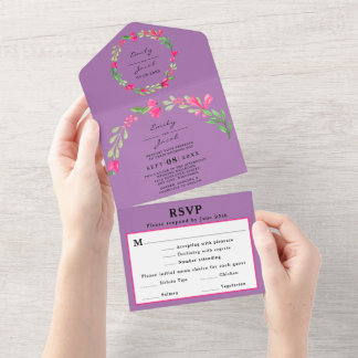 Roze Bloemige Groene Lavendel Paarse Chic Wed RSVP All In One Uitnodiging