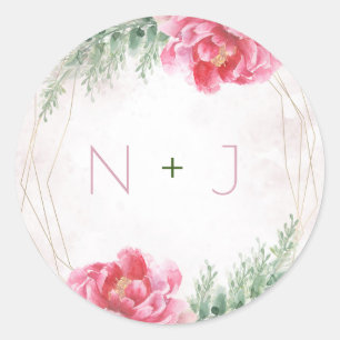 Roze Bloemige Groene Waterverf Trouw Ronde Sticker